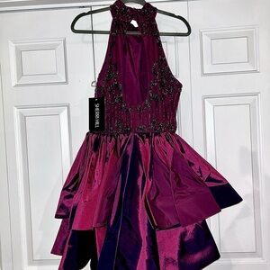 NEW Sherri Hill Beaded High Neck Cocktail Dress / Layered Taffeta Skirt Plum 12